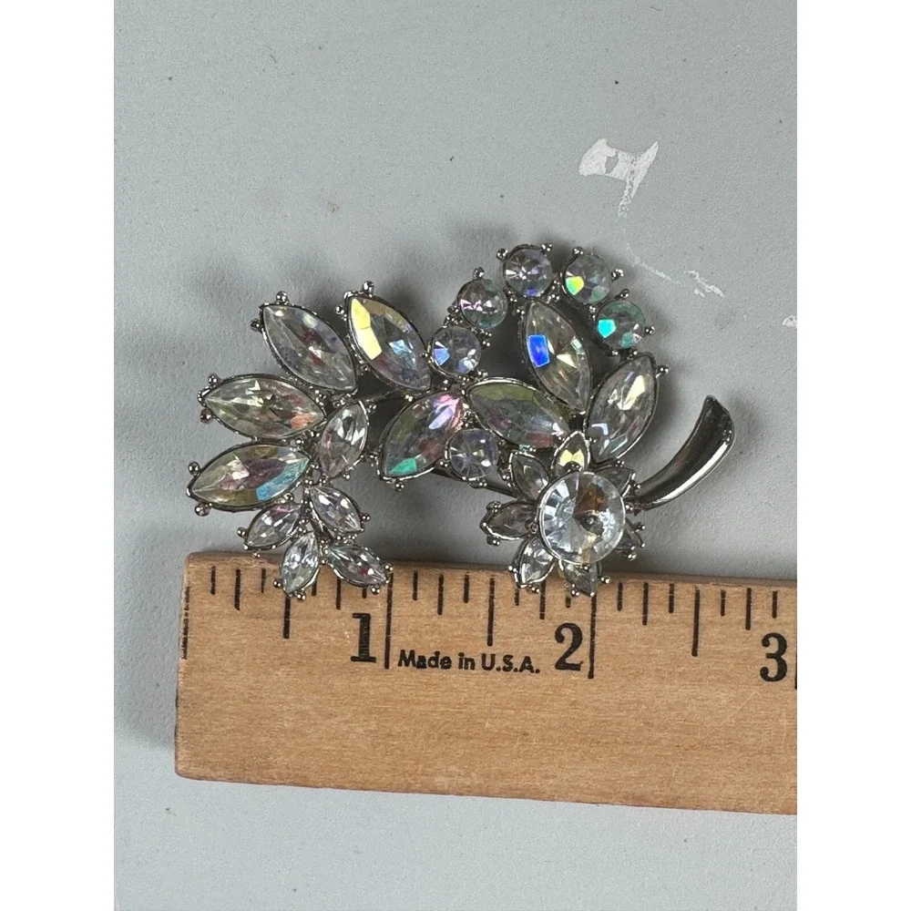Vintage Clear Rhinestone Brooch Pin Silver Tone Statement Colors In Light